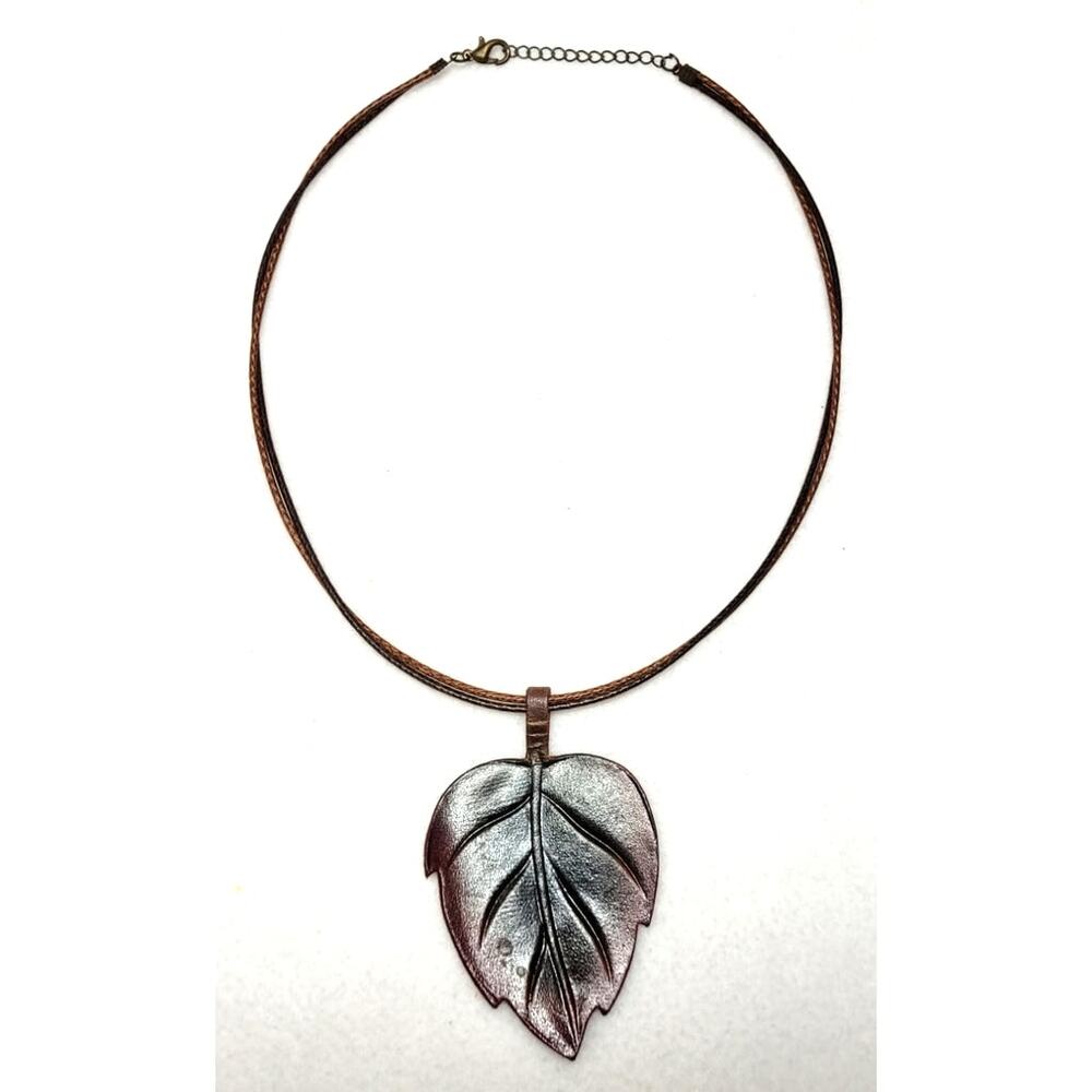 Ficus Leaf Leather Pendant Necklace Artisan Hippie Boho Nature Handmade 18"